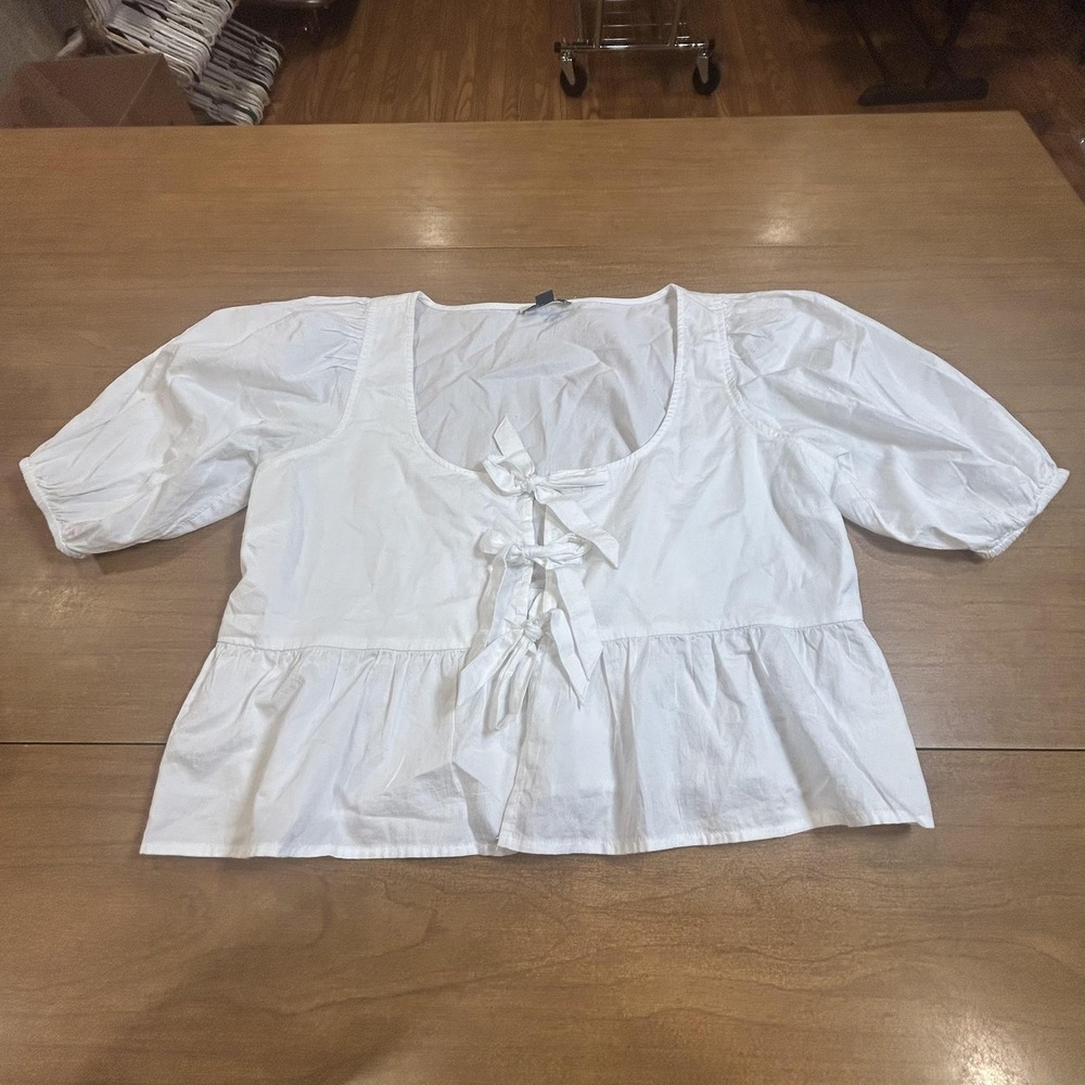 American Eagle Outfitters Blouse Womens Medium White Tie Puff Sleeve Cropped